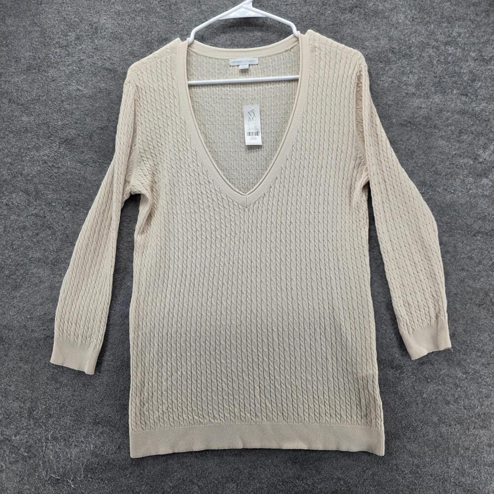 New York & Company Sweater Pullover Womens L Beige V-Neck Cable-Knit Slim